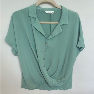 Lush Green Short Sleeve Button Down Shirt with Notched Collar